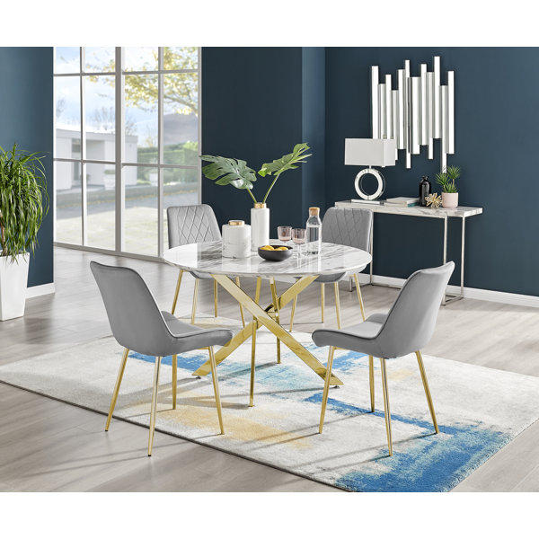 Canora Grey Tierra Modern Metal & Glass Round Dining Table Set with 4